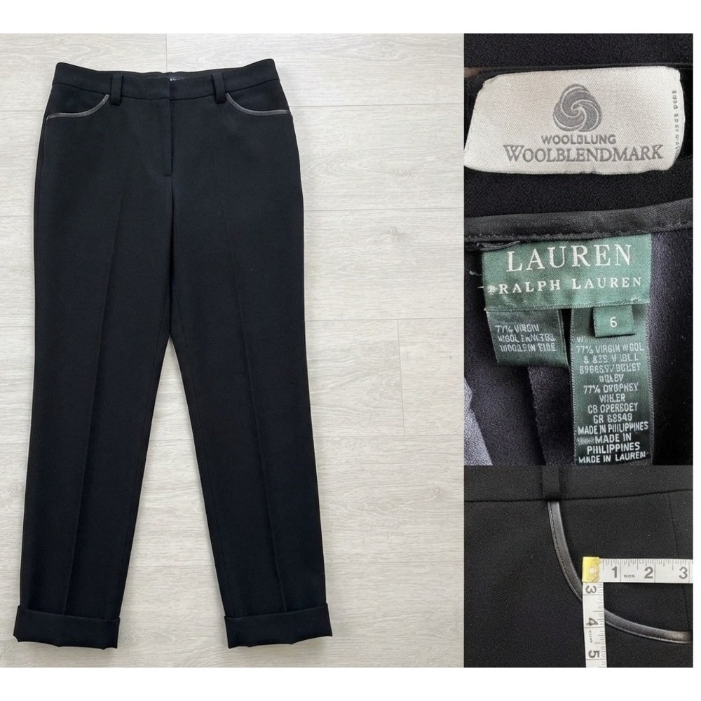 Lauren Ralph Lauren Dress Pants Womens 6 Black Virgin Wool Blend Cuffed Straight